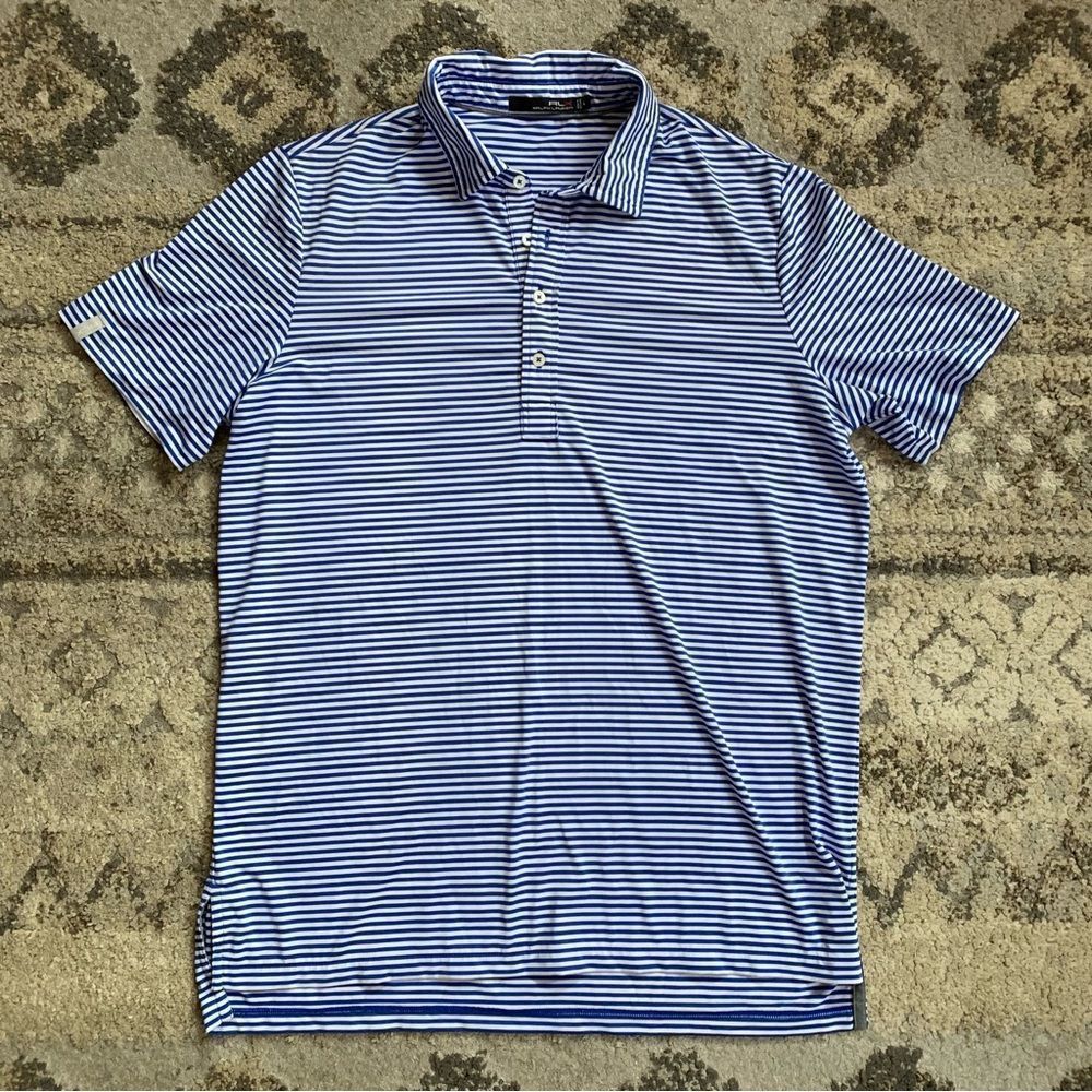 RLX Ralph Lauren Men's Blue and White Striped Polo Shirt Large